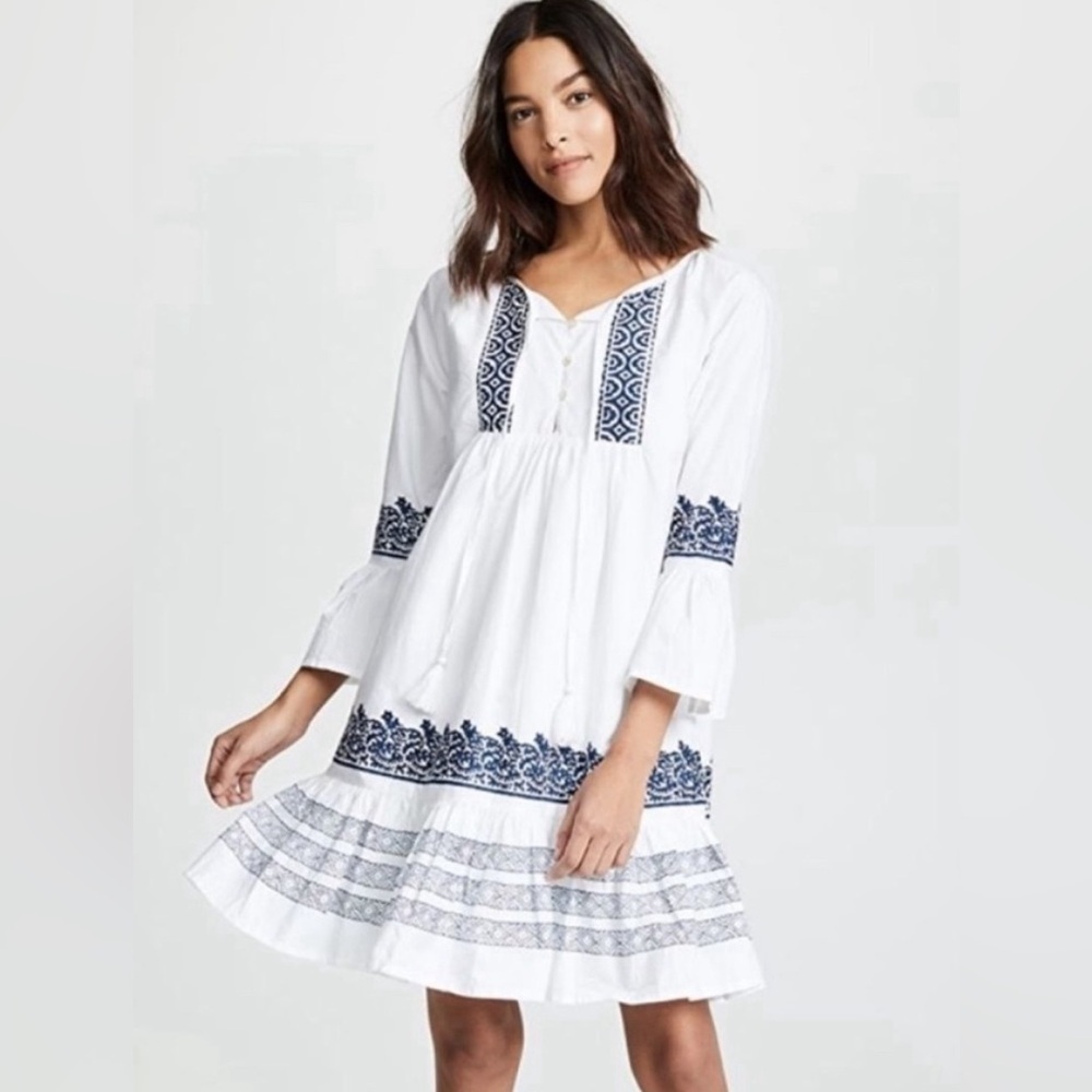 Roller Rabbit | Mona Border Maricruz Cotton White & Blue Peasant Dress - Picture 2 of 13